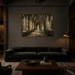 Vaulted University Hallway Dark Academia Wall Art Canvas Print shown in a warm modern interior
