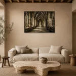 Vaulted University Hallway Dark Academia Wall Art Canvas Print presented in a sophisticated home setting