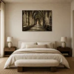 Vaulted University Hallway Dark Academia Wall Art Canvas Print showcased in an elegant minimalist interior
