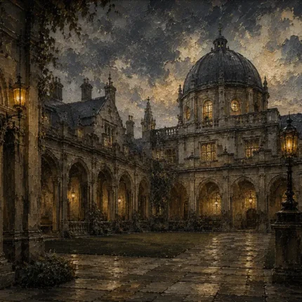 Moonlit University Courtyard Dark Academia Wall Art Canvas Print