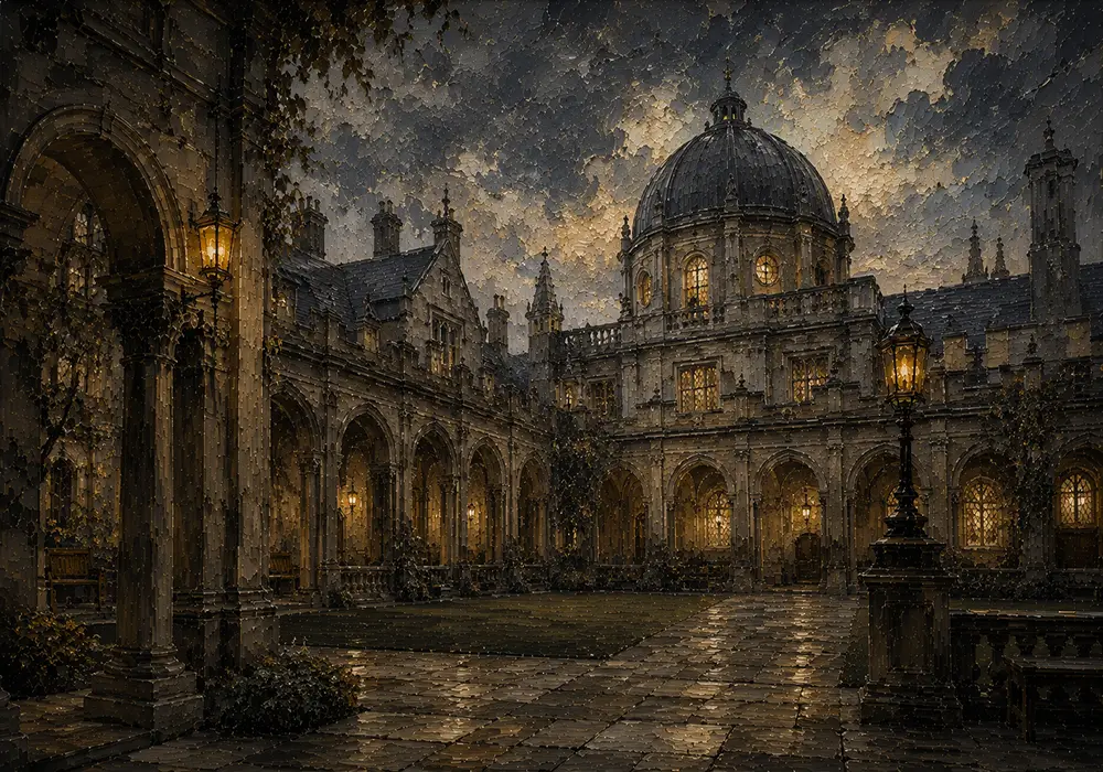 Moonlit University Courtyard Dark Academia Wall Art Canvas Print