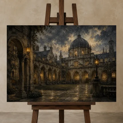 Moonlit University Courtyard Dark Academia Wall Art Canvas Print displayed on a studio easel