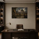 Moonlit University Courtyard Dark Academia Wall Art Canvas Print displayed in a contemporary gallery-inspired room