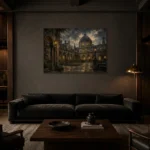 Moonlit University Courtyard Dark Academia Wall Art Canvas Print shown in a warm modern interior