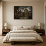 Moonlit University Courtyard Dark Academia Wall Art Canvas Print showcased in an elegant minimalist interior