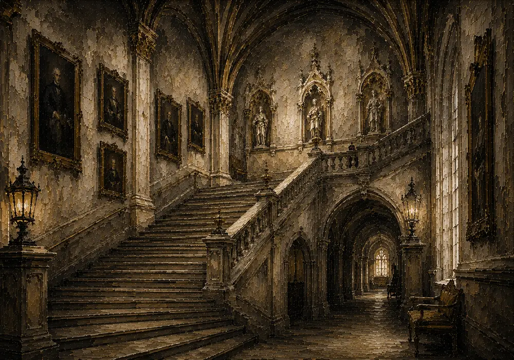 Grand University Staircase Dark Academia Wall Art Canvas Print
