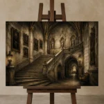 Grand University Staircase Dark Academia Wall Art Canvas Print displayed on a studio easel