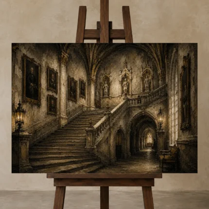 Grand University Staircase Dark Academia Wall Art Canvas Print shown in Studio Easel