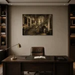 Grand University Staircase Dark Academia Wall Art Canvas Print displayed in a contemporary gallery-inspired room