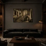 Grand University Staircase Dark Academia Wall Art Canvas Print shown in a warm modern interior