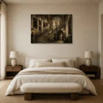 Grand University Staircase Dark Academia Wall Art Canvas Print showcased in an elegant minimalist interior