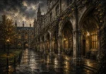 Rainy University Cloister Dark Academia Wall Art Canvas Print