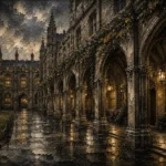 Rainy University Cloister Dark Academia Wall Art Canvas Print