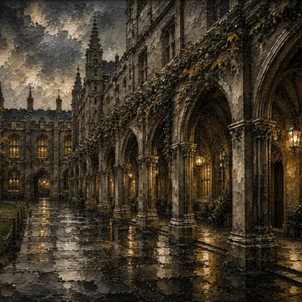 Rainy University Cloister Dark Academia Wall Art Canvas Print