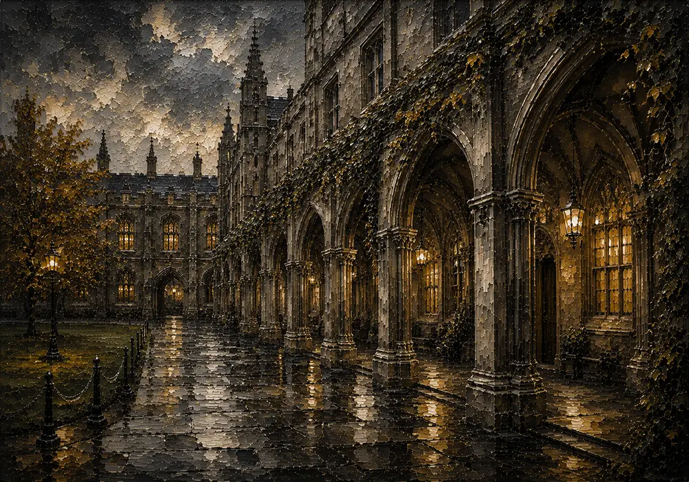 Rainy University Cloister Dark Academia Wall Art Canvas Print