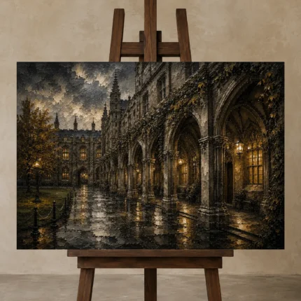 Rainy University Cloister Dark Academia Wall Art Canvas Print displayed on a studio easel