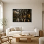 Rainy University Cloister Dark Academia Wall Art Canvas Print styled in a refined neutral interior