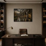 Rainy University Cloister Dark Academia Wall Art Canvas Print displayed in a contemporary gallery-inspired room