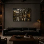 Rainy University Cloister Dark Academia Wall Art Canvas Print shown in a warm modern interior