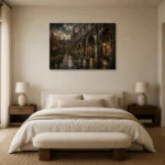 Rainy University Cloister Dark Academia Wall Art Canvas Print showcased in an elegant minimalist interior