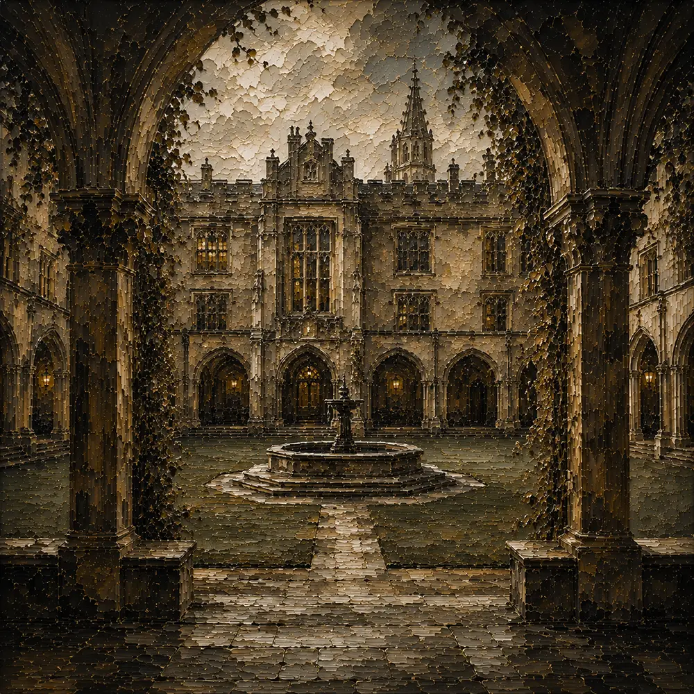 Fountain Courtyard Dark Academia Wall Art Canvas Print