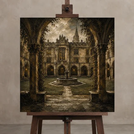 Fountain Courtyard Dark Academia Wall Art Canvas Print shown in Studio Easel