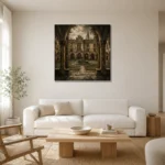 Fountain Courtyard Dark Academia Wall Art Canvas Print styled in a refined neutral interior
