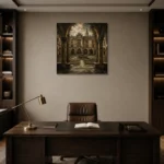 Fountain Courtyard Dark Academia Wall Art Canvas Print displayed in a contemporary gallery-inspired room