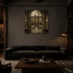 Fountain Courtyard Dark Academia Wall Art Canvas Print shown in a warm modern interior