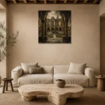 Fountain Courtyard Dark Academia Wall Art Canvas Print presented in a sophisticated home setting