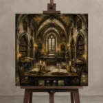 Candlelit University Library Dark Academia Wall Art Canvas Print displayed on a studio easel