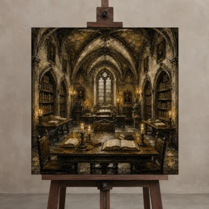 Candlelit University Library Dark Academia Wall Art Canvas Print shown in Studio Easel
