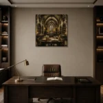 Candlelit University Library Dark Academia Wall Art Canvas Print displayed in a contemporary gallery-inspired room