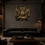 Candlelit University Library Dark Academia Wall Art Canvas Print shown in a warm modern interior