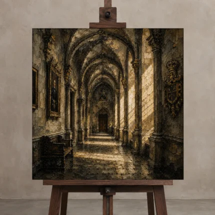 Sunlit University Corridor Dark Academia Wall Art Canvas Print displayed on a studio easel