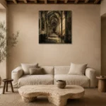 Sunlit University Corridor Dark Academia Wall Art Canvas Print presented in a sophisticated home setting
