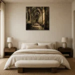 Sunlit University Corridor Dark Academia Wall Art Canvas Print showcased in an elegant minimalist interior