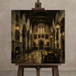 Old University Great Hall Dark Academia Wall Art Canvas Print displayed on a studio easel