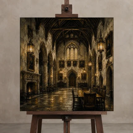 Old University Great Hall Dark Academia Wall Art Canvas Print displayed on a studio easel