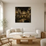 Old University Great Hall Dark Academia Wall Art Canvas Print styled in a refined neutral interior