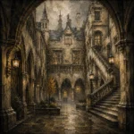 Misty University Courtyard Dark Academia Wall Art Canvas Print