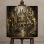 Misty University Courtyard Dark Academia Wall Art Canvas Print displayed on a studio easel