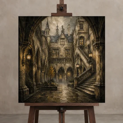 Misty University Courtyard Dark Academia Wall Art Canvas Print displayed on a studio easel