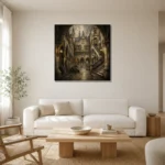 Misty University Courtyard Dark Academia Wall Art Canvas Print styled in a refined neutral interior