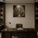 Misty University Courtyard Dark Academia Wall Art Canvas Print displayed in a contemporary gallery-inspired room