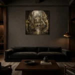 Misty University Courtyard Dark Academia Wall Art Canvas Print shown in a warm modern interior