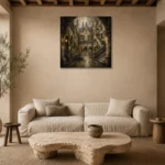 Misty University Courtyard Dark Academia Wall Art Canvas Print presented in a sophisticated home setting