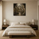 Misty University Courtyard Dark Academia Wall Art Canvas Print showcased in an elegant minimalist interior
