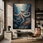Deep Blue Octopus Underwater Wall Art Canvas Print - Image 3