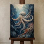 Deep Blue Octopus Underwater Wall Art Canvas Print displayed on a studio easel